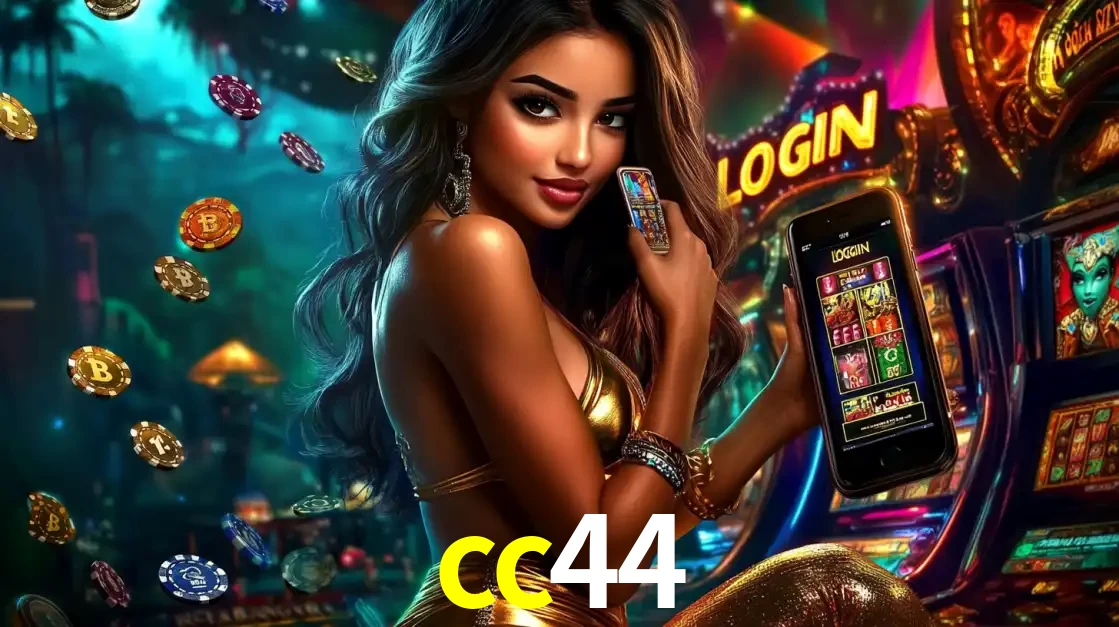 Mulher em um cenário de cassino temático de aventura, mostrando o app de caça-níqueis da cc44 no celular. Fichas de apostas flutuam ao redor.