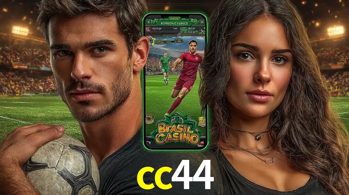 Homem segurando uma bola de futebol e uma mulher ao lado de um smartphone exibindo o jogo de apostas esportivas da cc44. Faça seu palpite no cassino online.